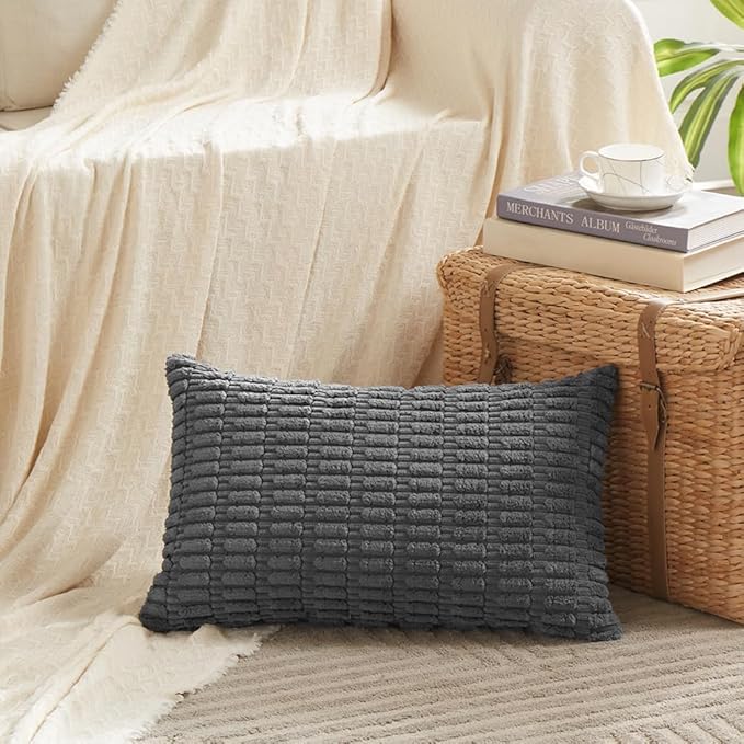 Fancy Homi 4 Packs Dark Grey Decorative Throw Pillow Covers 16x24 Inch for Couch Bed, Rustic Modern Farmhouse Boho Home Decor, Soft Plush Corduroy Gray Cute Square Accent Cushion Case 40x60 cm