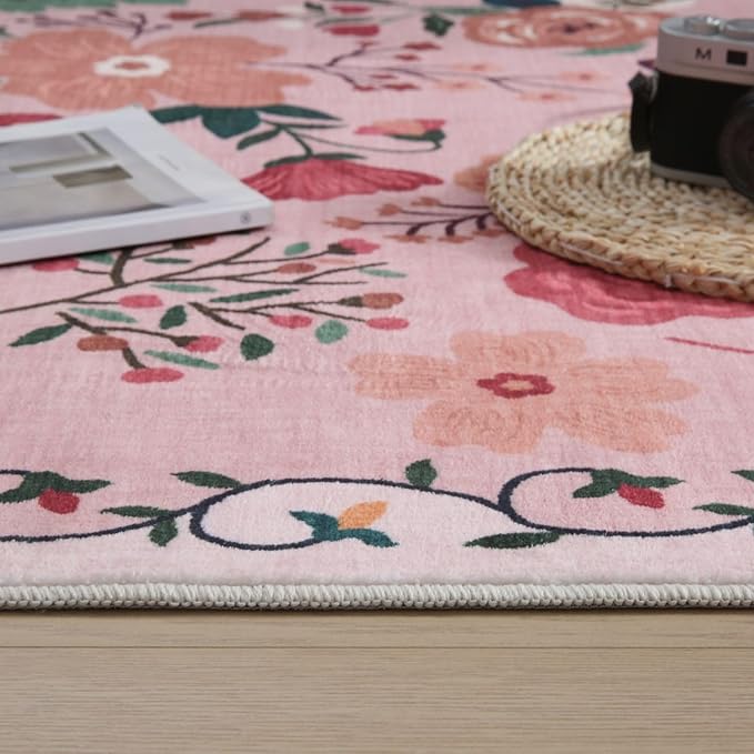 Rugcomf Long Hallway Runner Rug 2'7"x14' - Floral Washable Non Slip Boho Carpet for Kitchen, Entryway, Hall, Bathroom - Pink