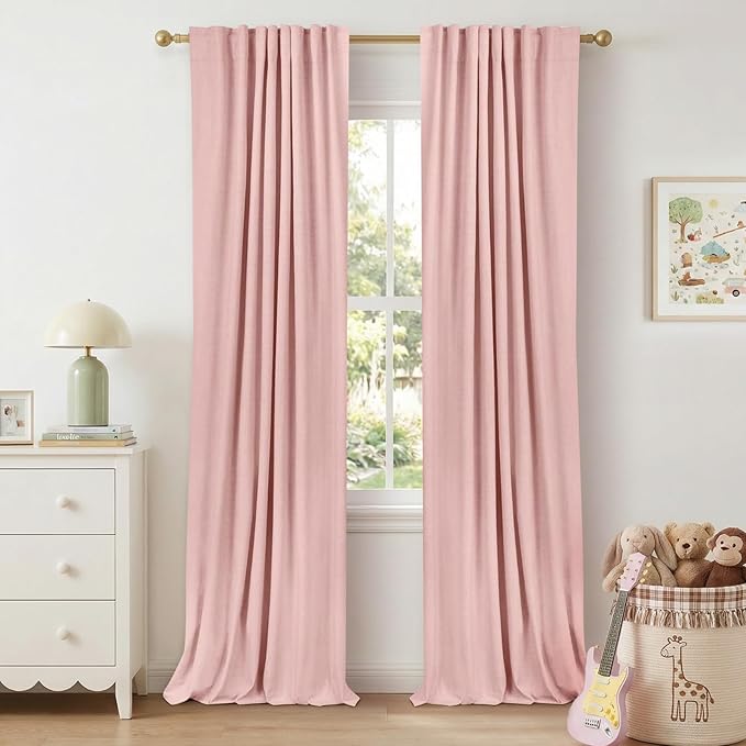 100% Blackout Shield Linen Blackout Curtains for Bedroom 108 Inches Long, Back Tab/Rod Pocket Living Room Drapes, Thermal Insulated Blackout Curtains 2 Panels Set, 50" W x 108" L,Baby Pink