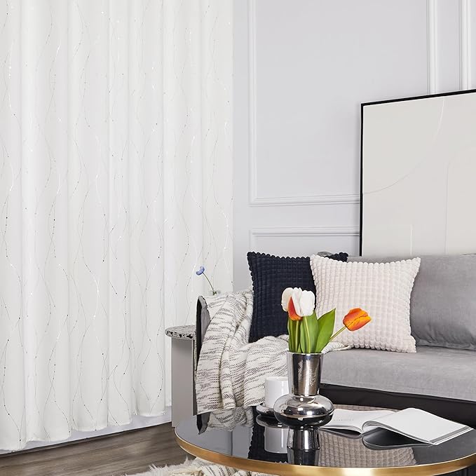 Deconovo Room Darkening Curtains, 38 x 90 Inch Drape for Sliding Door with Wave Dots Silver Print, Soundproof Thermal Insulated Curtain for Bedroom Living Room, Set of 2, Machine Washable, Pure White