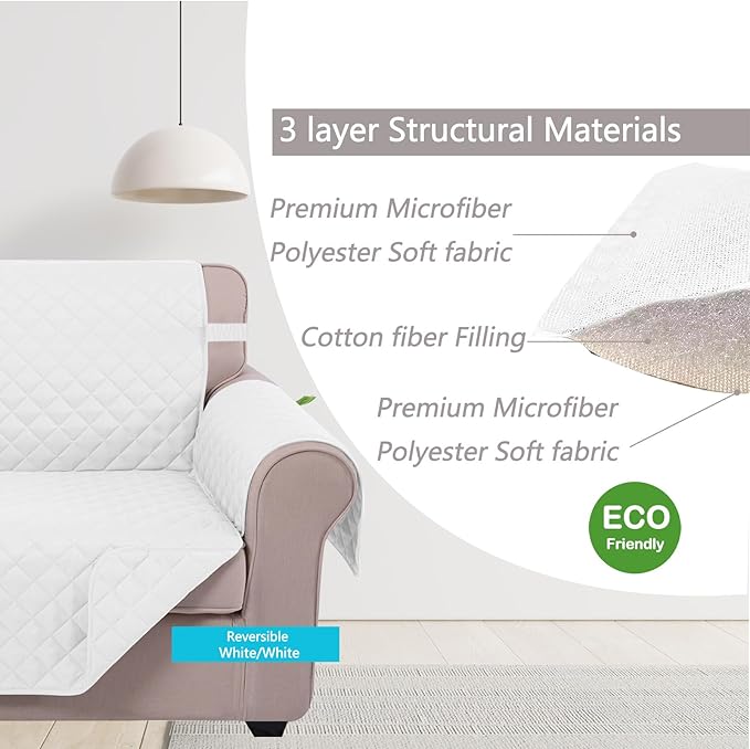 U-NICE HOME Reversible Oversized Chair Covers Quilted Water Repellent Pet Protectors with Elastic Straps(28''Armchair, White/White)