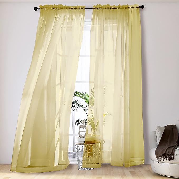 OVZME Mustard Yellow Sheer Curtains 108 Inches Long, Light Filtering Airy Transparent Lightweight Voile Rod Pocket Window Curtains for Bedroom, Living Room, W42 x L108, Set of 2 Drape Panels