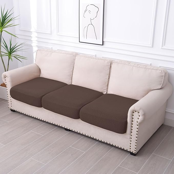 hyha Waterproof Couch Cushion Covers for Pets, Non Slip Sofa Seat Cover for Dogs Washable, Soft Thick Stretch Jacquard Fabric, Sofa Slipcovers with Elastic Bottom (3 Pieces, Brown)