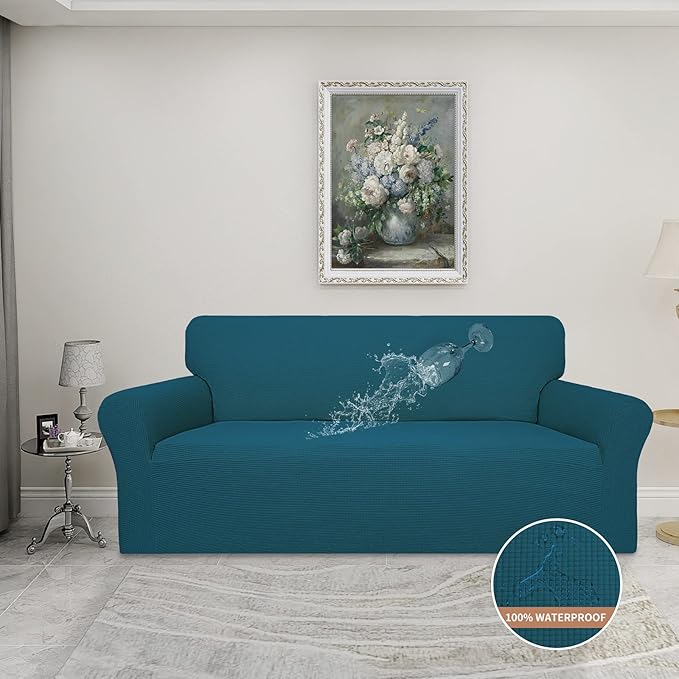 Easy-Going 100% Waterproof Couch Cover, Dual Waterproof Sofa Cover, Stretch Jacquard Sofa Slipcover, Leakproof Furniture Protector for Kids, Pets, Dog and Cat(Oversized Sofa, Peacock Blue)