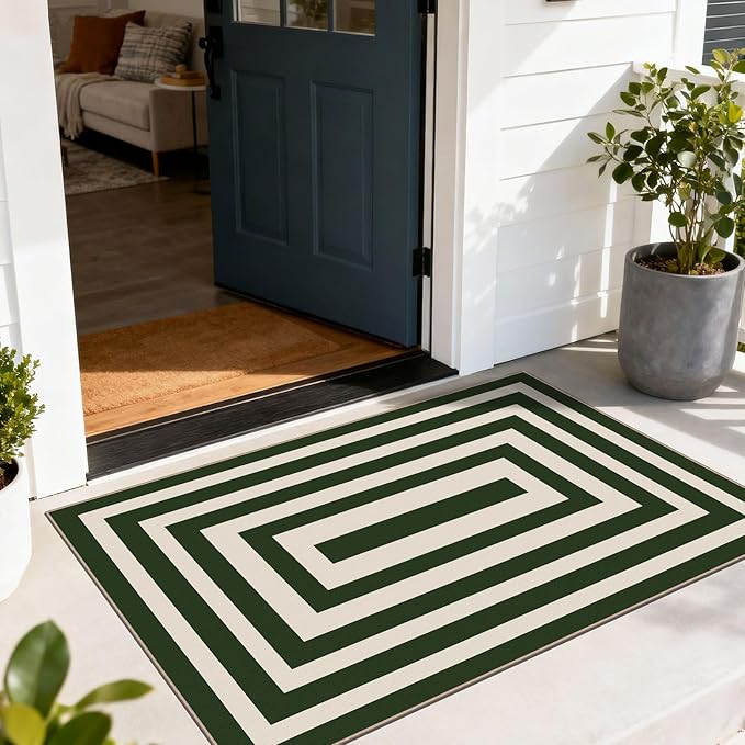 Modern Outdoor Rug - 28" x 43" Front Door Mat Indoor Outside Entrance Non-Slip Washable Outdoor Mat Green White Border Striped Rug for Entryway Kitchen Bedroom Layered Doormat for Front Porch