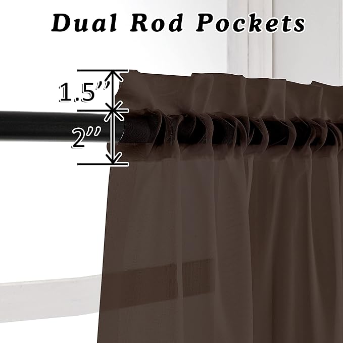 OVZME Brown Sheer Curtains 108 Inches Long, Light Filtering Semi Transparent Lightweight Voile Rod Pocket Window Curtains for Bedroom, Living Room, W42 x L108, Set of 2 Drape Panels