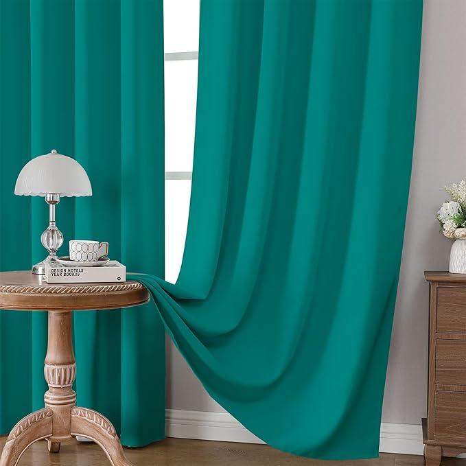 CUCRAF Turquoise Blackout Curtains 96 inch Length 2 Panels Set, Rod Pocket Room Darkening Drapes for Bedroom Living Room, Insulated Thermal Light Blocking Window Curtain (W52 x L96 Inch)