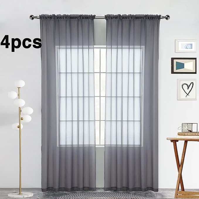 SpaceDresser Grey Sheer Curtains 4 Panels Rod Pocket Semi-Sheer Curtain 84 Inches Long Light Filtering Voile Window Drapes for Bedroom Living Room Kitchen, Each 52W x 84L