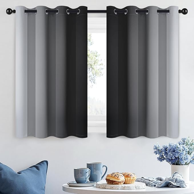 SimpleHome Ombre Room Darkening Curtains 36 inches Length for Bedroom,Grommet Gradient Light Blocking Black Gradient Window Curtains for Living Room,2 Panels, 52x36 inches