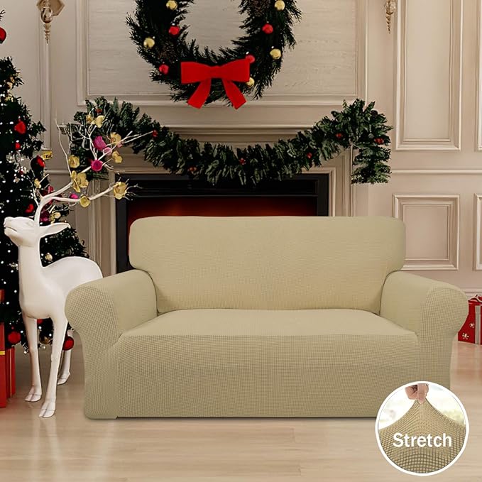 Easy-Going Stretch Loveseat Slipcover 1-Piece Sofa Cover Furniture Protector Couch Soft with Elastic Bottom for Kids Polyester Spandex Jacquard Fabric Small Checks (Loveseat, Beige)