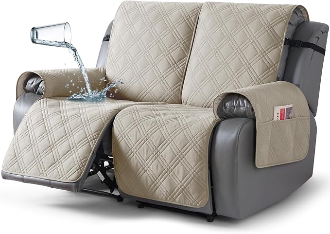 TAOCOCO 100% Waterproof Oversized Recliner Loveseat Cover, Non Slip Extra Wide Recliner Covers with Straps for Reclining Loveseat for Kids Pets, Spilt Cover(2 Seater Oversized, Cream)