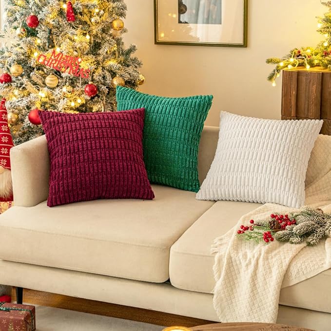 MIULEE Pack of 2 Burgundy Corduroy Decorative Pillow Covers 18x18 Inch Soft Boho Striped Throw Pillow Covers Modern Farmhouse Home Decor for Sofa Living Room Couch Bed