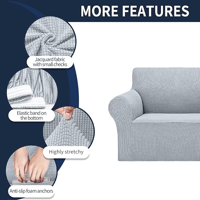 Cupuamon 2026 New Stretch Chair Sofa Slipcovers Couch Cover for 1 Seater Furniture Protector Sofa Covers with Elastic Bottom Jacquard Fabric Small Checks for Pets, Kids - Silver