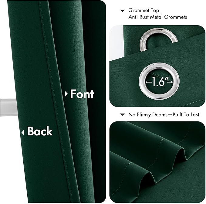MIULEE Hunter Green Blackout Curtains for Bedroom Living Room 72 Inches Long 2 Panels Set, Thermal Insulated Room Darkening Drapes Solid Grommet Emerald Green Christmas Curtains W40 x L72 Inch