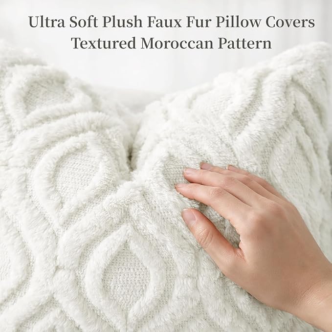 decorUhome Throw Pillow Covers 26x26 Inch Set of 2, Soft Plush Decorative Faux Fur Cream White Solid Couch Pillow Covers, Accent Farmhouse Neutral Square Euro Pillow Cases for Sofa Bed Living Room