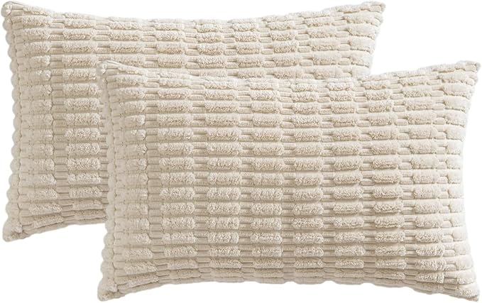 MIULEE Pack of 2 Corduroy Decorative Lumbar Throw Pillow Covers 20x12 Inch Soft Boho Striped Pillow Covers Modern Farmhouse Home Decor for Sofa Living Room Couch Bed Cream White