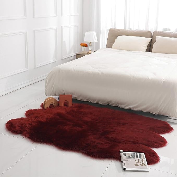 linmopm Faux Fur Rug Sheepskin Shag Fluffy Fuzzy Red 4x6 ft Rugs for Bedroom Bedside Bed Floor Living Room Plush High-Density Cushion Carpet Super Sofa Cover