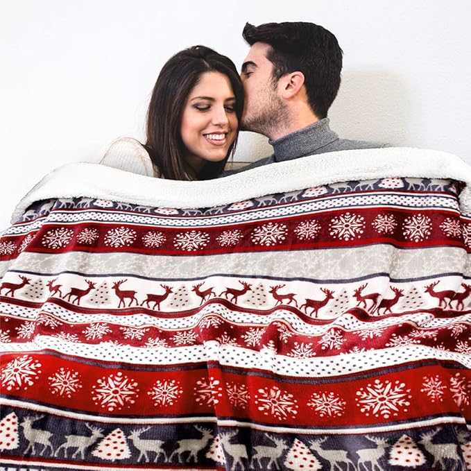 Throw Blanket, Holiday Reindeer Print, Reversible Sherpa Fleece, 50x60 Inches