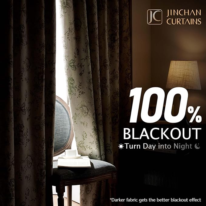 jinchan Blackout Floral Curtains for Living Room Bedroom Linen Blend Curtain Farmhouse Green Printed with Lined Back Tab Rod Pocket Drapes Window Treatments 2 Panels 84 Inch