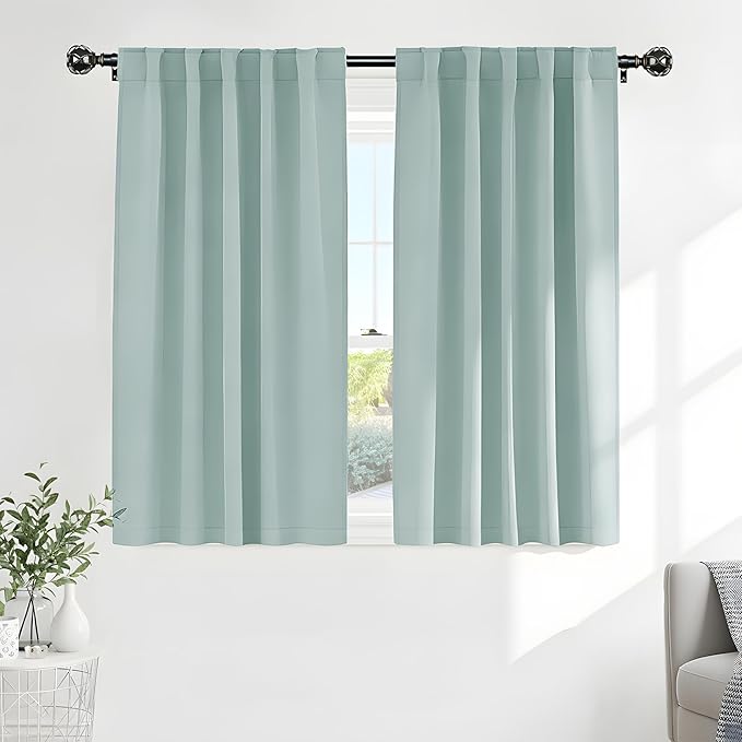 PONY DANCE Short Curtain Panels - Kitchen Curtains Room Darkening Light Blocking Energy Saving Short Drapes/Bedroom with Back Tab Home Decor, 42 in Wide by 45 Long, Mint Green, 2 PCs