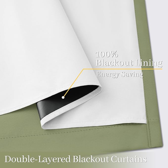 Yakamok 100% Blackout Curtain Panels 84 inches Cold and Light Blocking Drapes for Nursery, 2 Thick Layers Thermal Insulated Draperies (2 Pieces, 50 Wide Each Panel, Sage Front with White Backing)