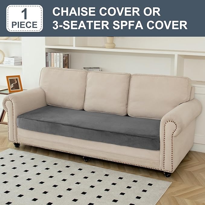 Couch Cover Velvet Chaise Cushion Cover for Sectional Sofas - Elastic L-Shaped Sofa Seat Covers Washable, Slipcover Protector (1-Piece, Grey)