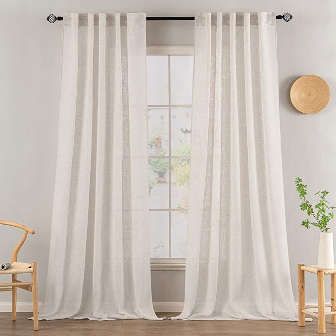 MIULEE White Linen Curtains 108 Inches Long for Bedroom Living Room, Soft Thick Linen Textured Window Drapes Semi Sheer Light Filtering Rod Pocket Back Tab Burlap Look Farmhouse Decor, 2 Panels