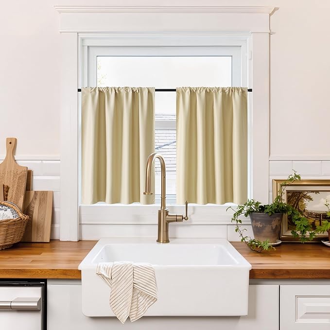 RYB HOME 100% Blackout Short Curtains for Small Window, Thermal Insulated Total Room Darkening Noise Reducing Curtains for Basement Bathroom RV Cars, 29 inches Wide by 24 inches Long, Biscotti Beige