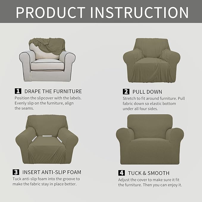 Easy-Going Stretch Oversized Chair Sofa Slipcover 1-Piece Couch Sofa Cover Furniture Protector Soft with Elastic Bottom for Kids Spandex Jacquard Fabric Small Checks Khaki
