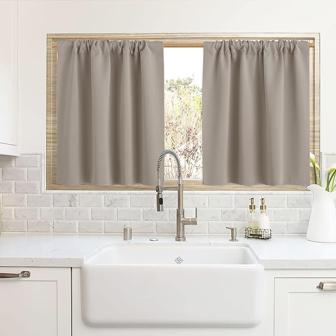 RYB HOME Cafe Blackout Curtains 24 inch Length, RV Curtains for Camper Windows, Mini Short Small Insulating Light UV Heat Blocking Privacy Half Window Tiers, Width 42 by Length 24, Sand, 2 Panels