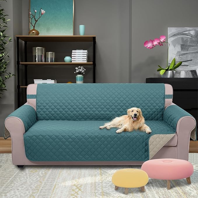 U-NICE HOME Large Sofa Cover Reversible Couch Cover for Dogs with Elastic Straps Water Resistant Furniture Protector for Pets Couch Cover for 4 Cushion Couch (Oversized Sofa, Blue/Beige)