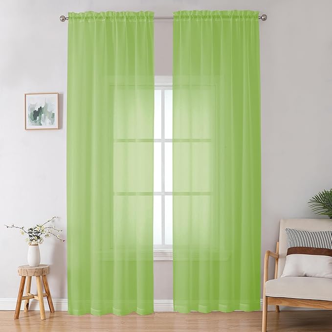 OWENIE Lime Sheer Curtains for Bedroom Living Room 96 Inches Long 2 Panels Set, Soft Solid Light Filtering Clear Sheer Ceiling to Floor for Large Window, 2Pcs, Each 42" W x 96" L, Lime