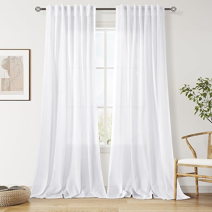 Snow White Linen Curtains 102 Inches Long for Living Room Light Filtering Semi Sheer Curtain Back Tab Luxury Neutral Modern Farmhouse Decor Floor to Ceiling Neutral Drapes for Bedroom 52x102,2 Panels