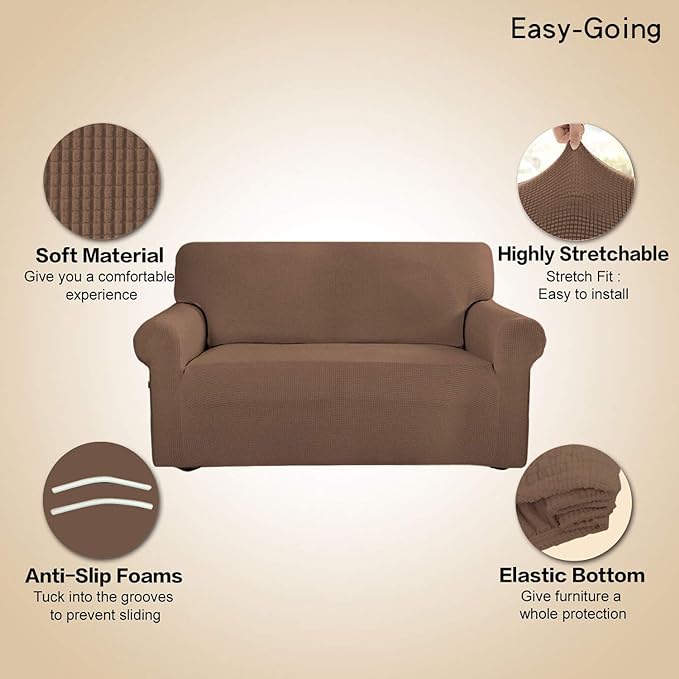 Easy-Going Stretch Sofa Slipcover 1-Piece Sofa Cover Furniture Protector Couch Soft with Elastic Bottom for Kids, Polyester Spandex Jacquard Fabric Small Checks (Sofa, Brown)