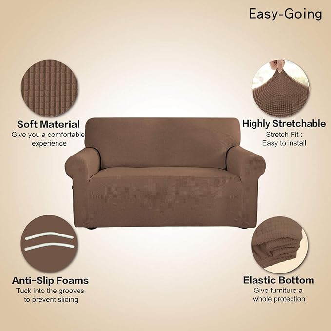 Easy-Going Stretch 4 Seater Sofa Slipcover 1-Piece Sofa Cover Furniture Protector Couch Soft with Elastic Bottom for Kids, Polyester Spandex Jacquard Fabric Small Checks Brown