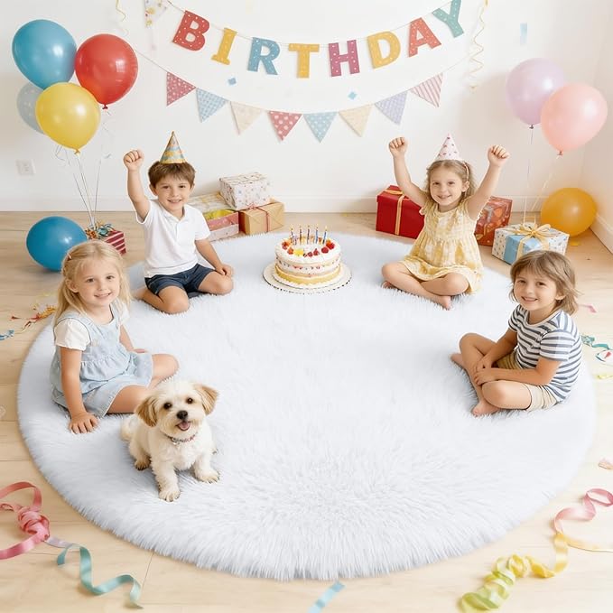 OLANLY White Round Rugs for Bedroom - Machine Washable, 5 ft Circle Area Rugs for Living Room, Soft and Fluffy Shaggy Carpet for Teen Girls and Boys, Nursery Rooms, Dorms, Home Decor Aesthetic