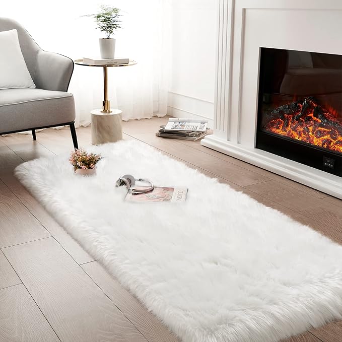 White Fluffy Rug for Bedroom, 2'X6' Faux Fur Rug for Runner, Soft Shag Rug for Sofa Couch Cushion, Cozy Shaggy Fuzzy Plush Floor Carpet for Nursery, Cute Bedside Dorm Home Decor Rectangle
