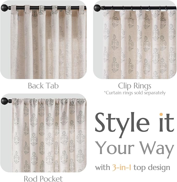 jinchan Linen Floral Curtains for Living Room 63 Inch Length Gray Flower Cottage Core Farmhouse Curtains Rod Pocket Back Tab Boho Semi Sheer Window Drapes Bedroom Set 2 Panels Grey on Beige