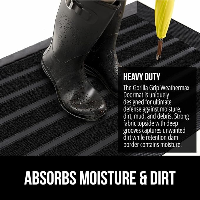 GORILLA GRIP 100% Waterproof All-Season WeatherMAX Doormat US Designed Natural Rubber, Stain and Fade Resistant, Low Profile Indoor Outdoor Door Mats, Easy Clean Patio Mat, 29x17, Black Stripe