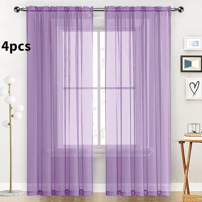 SpaceDresser Lavender Sheer Curtains 4 Panels Rod Pocket Semi-Sheer Curtain 96 Inches Long Light Filtering Voile Window Drapes for Bedroom Living Room Kitchen, Each 52W x 96L