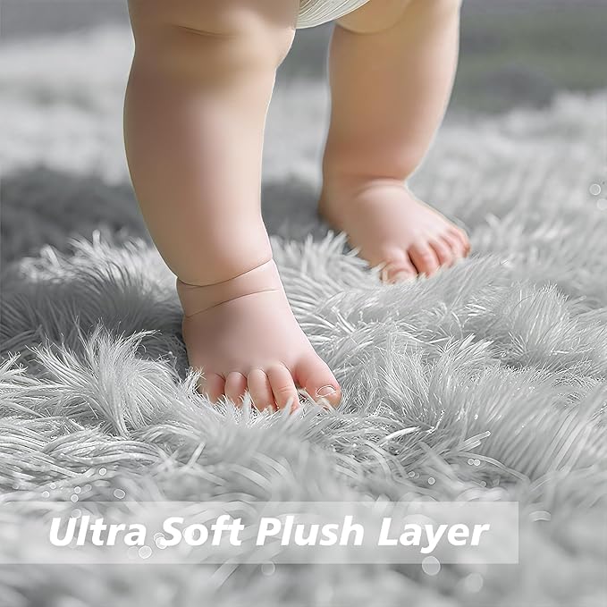 Ultra Soft Fluffy Area Rugs for Bedroom Living Room 10x14, Nursery Rug, Non-Slip Carpet for Kids Dorms Decor, Shaggy Bedside Rug, Light Grey