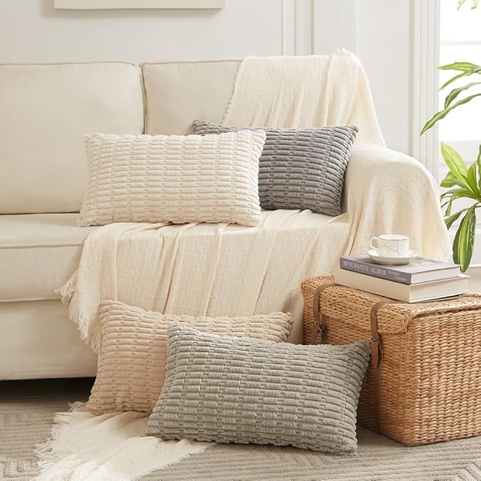 Fancy Homi 4 Packs Neutral Long Lumbar Decorative Throw Pillow Covers 14x24 Inch for Living Room Couch Bed, Boho Home Decor, Soft Striped Corduroy Rectangle Accent Grey Cushion Case 35x60 cm