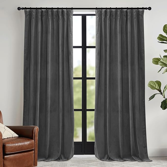 RYB HOME Grey Velvet Curtains 84 inches - Super Soft Blackout Curtains Thermal Insulated Drapes Heat Block Window Panels for Living Room Bedroom Studio, Wide 52 x Long 84, Grey, 2 Panels