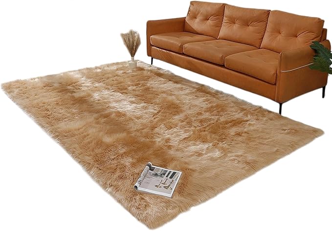linmopm Faux Fur Rug Sheepskin Shag Fluffy Fuzzy Beige 5x7 ft Rugs for Bedroom Bedside Bed Floor Living Room Plush Rectangle High-Density Cushion Carpet Super Sofa Cover