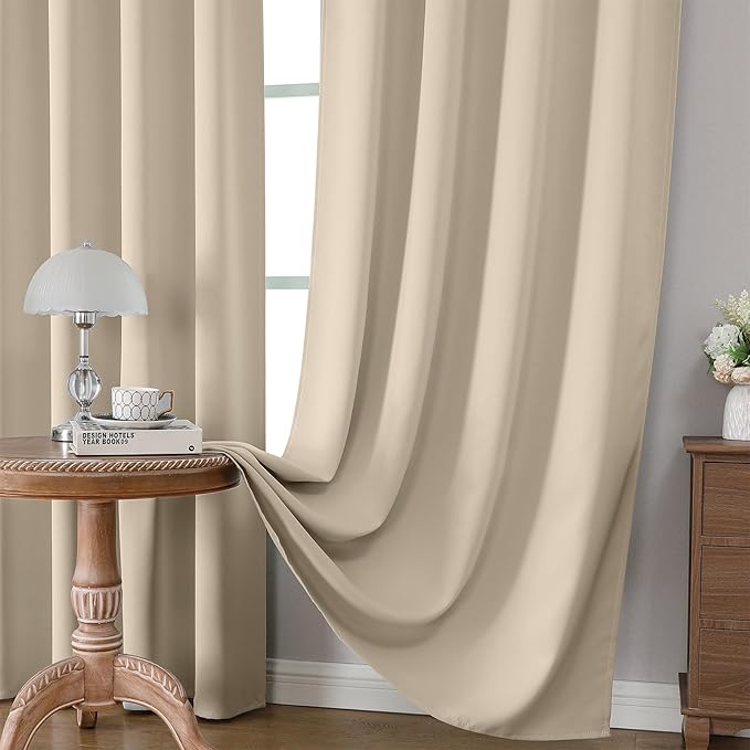 CUCRAF Light Beige Blackout Curtains 45 inch Length 2 Panels Set, Rod Pocket Room Darkening Drapes for Bedroom Living Room, Insulated Thermal Light Blocking Window Curtain (W52 x L45 Inch)