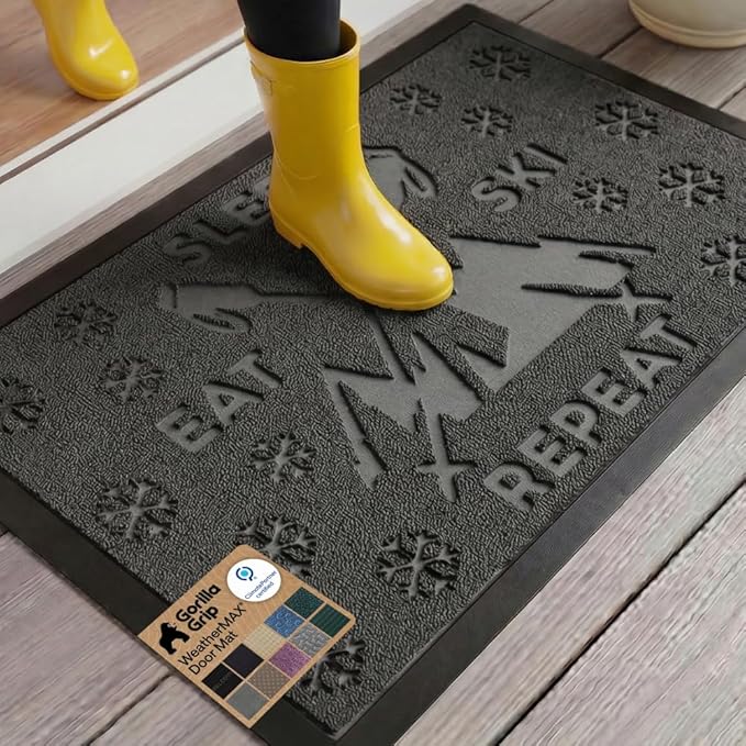 GORILLA GRIP 100% Waterproof All-Season WeatherMAX Doormat, US Designed Natural Rubber, Stain and Fade Resistant, Low Profile Indoor Outdoor Door Mats, Easy Clean Patio Mat, 29x17, Graphite Skiing
