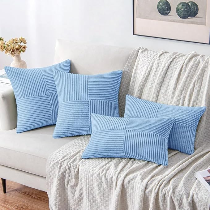 MIULEE Light Blue Decorative Throw Pillow Covers 18x18 Inch for Couch Bed Sofa Pack of 2 Boho Farmhouse Throw Pillows Soft Cross Corduroy Patchwork Textured Cushion Cases