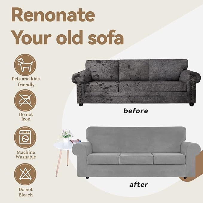 WEERRW 4 Pieces Velvet High Stretch Couch Covers for 3 Cushion Couch Sofa Slipcovers, Washable Furniture Protector with Non Slip Elastic Bottom, Feature Soft and Thick Plush Fabric, Silver Grey, Large