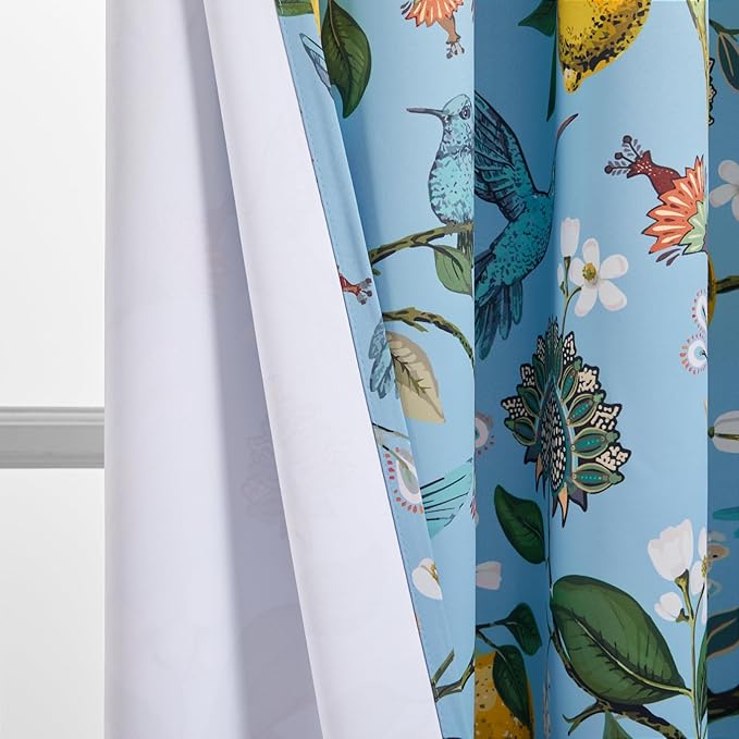 Topfinel Blue Patterned Curtains 2 Pages 96 Inches Long Blackout Heat Block Farmhouse Watercolor Floral Flower Hummingbird Printed Drapes Grommet Window Treatment for Living Room,96 Inch Length