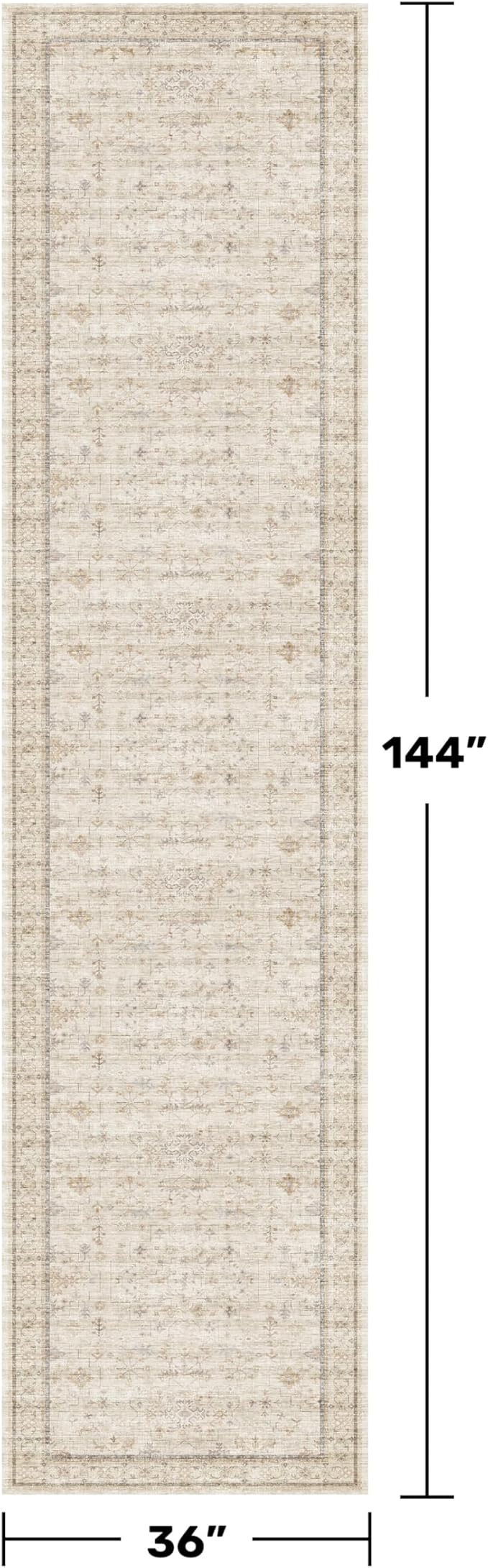 Beige Floral 3X12 Washable Long Hallway Runner Rug, Non-Slip Low-Pile Farmhouse Kitchen Rug, Neutral Vintage Distressed Oriental Carpet, Non-Shedding, Stain & Fade Resistant Home Décor